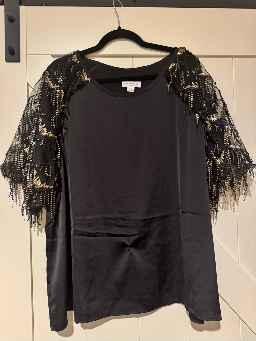 Chic Soul Black Top with Gold Sequin Fringe Sleeves